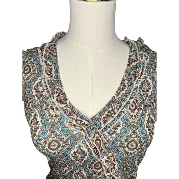 DKNY Women’s Petite Small V-Neck Top Brown Teal Ruffle Tie Y2K - Picture 2 of 7